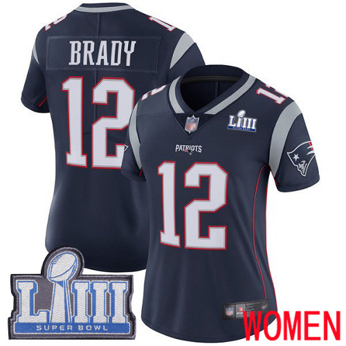 New England Patriots Football #12 Super Bowl LIII Limited Navy Blue Women Tom Brady Home NFL Jersey
